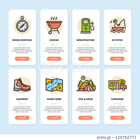 Camping App Screens Cards Set. Vector Camping App Screens Cards Set. Vector 120782771