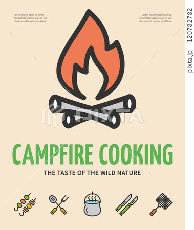 Campfire Cooking Camping Concept Vertical Invitation Placard Poster Banner Card Template. Vector Campfire Cooking Camping Concept Vertical Invitation Placard Poster Banner Card Template. Vector 120782782