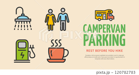 Campervan Parking Service Camp Concept Horizontal Invitation Placard Poster Banner Card Template. Vector 120782783