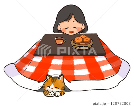 こたつで温まる女の子と猫のイラストカット 120782808