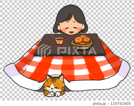 女孩和貓在被爐熱身的插畫剪輯 120782808