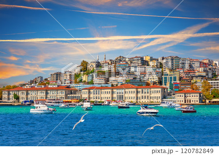 Cihangir Mosque and beautiful houses on the coast of the Bosphorus strait, Istanbul, Turkey 120782849