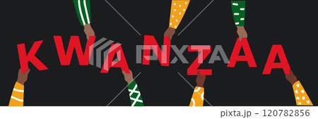 Colorful Kwanzaa celebration banner. African American people holding red letters. Colorful Kwanzaa celebration banner. African American people holding red letters. 120782856
