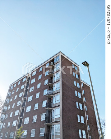 Top Floors of a Highrise Council Block of Flats with Blue Sky Top Floors of a Highrise Council Block of Flats with Blue Sky 120782895