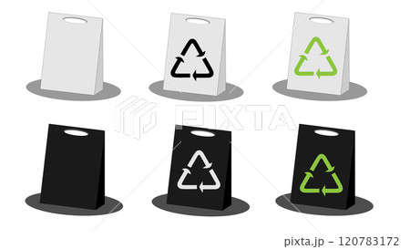Set of eco craft paper shopping bags, zero waste concept, shopping paper bags with green recycle symbols on white background, white and black mockup of craft paper bags with shadow, "No plastic bags" Set of eco craft paper shopping bags, zero waste concept, shopping paper bags with green recycle symbols on white background, white and black mockup of craft paper bags with shadow, "No plastic bags" 120783172