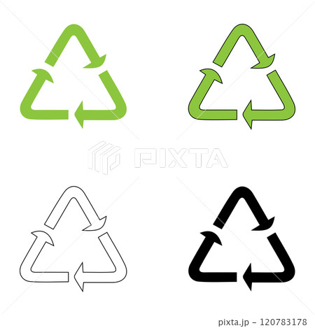 Set of symbols for packaging product design, recycling sign, green black and white recycled materials symbols on white background, ecology concept, set of green recycle icon, rotation arrow symbols Set of symbols for packaging product design, recycling sign, green black and white recycled materials symbols on white background, ecology concept, set of green recycle icon, rotation arrow symbols 120783178