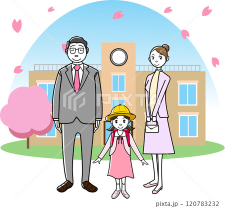 学校の前の小学校一年生と両親 120783232