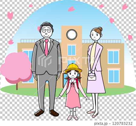 学校の前の小学校一年生と両親 120783232