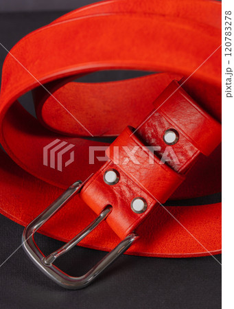 The piece is a red leather belt with a metal buckle beautifully curved on a gray background. The piece is a red leather belt with a metal buckle beautifully curved on a gray background. 120783278