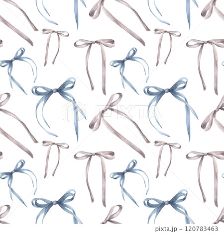 Bows and ribbons watercolor seamless pattern. Girly sweet coquette style trend. Girls cute blue, grey hair styles for wallpaper, package, fabric. Hand drawn illustration on isolated white background Bows and ribbons watercolor seamless pattern. Girly sweet coquette style trend. Girls cute blue, grey hair styles for wallpaper, package, fabric. Hand drawn illustration on isolated white background 120783463
