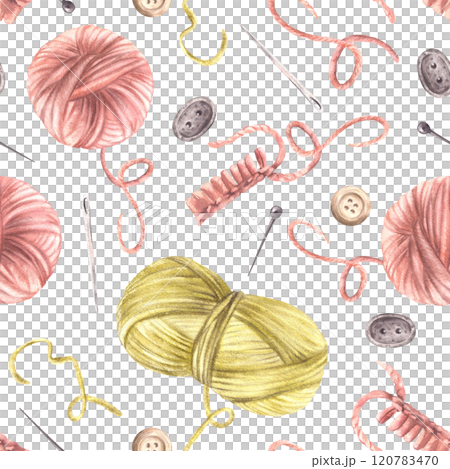 Knitting, needlework seamless pattern. Skeins of yarn, wooden and needles, pins, buttons. Balls of wool Crocheted, knitted hobby fabric, packaging. Watercolor painted illustration Isolated background 120783470