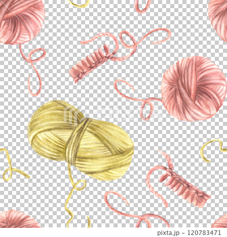 A ball of yarn, skein of knitting thread seamless pattern. Pink, red yellow green pastel coloured knitted or crocheted items. Hand drawn illustration for knitters, needlework isolated from background A ball of yarn, skein of knitting thread seamless pattern. Pink, red yellow green pastel coloured knitted or crocheted items. Hand drawn illustration for knitters, needlework isolated from background 120783471