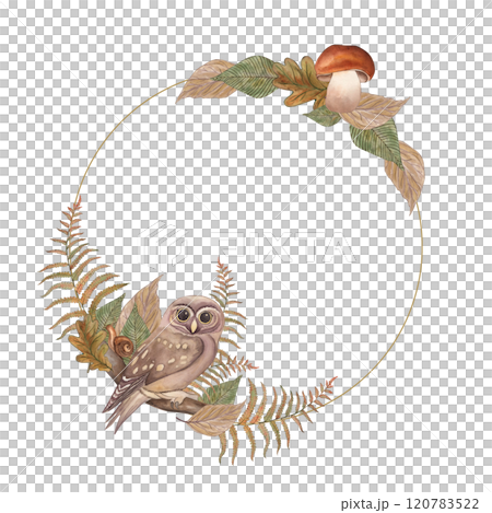 A round frame with autumn leaves, branches and an owl. The illustration with plants and a bird is hand-painted in watercolor in a botanical style in brown, yellow, and green shades. For postcards 120783522