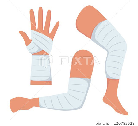 Bandaged arms and legs. Set of medical bandages elastic bandages. Elements of health care, first aid. Vector illustration. Bandaged arms and legs. Set of medical bandages elastic bandages. Elements of health care, first aid. Vector illustration. 120783628