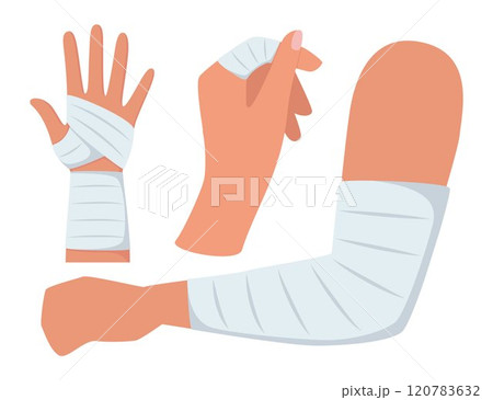 Bandaged arms and legs. Set of medical bandages elastic bandages. Elements of health care, first aid. Vector illustration. Bandaged arms and legs. Set of medical bandages elastic bandages. Elements of health care, first aid. Vector illustration. 120783632