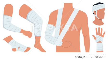 Bandaged arms and legs. Set of medical bandages elastic bandages. Elements of health care, first aid. Vector illustration. 120783638