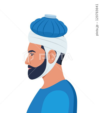 Man suffers from headache and applies ice pack to head. Head injury, trauma, first aid. Vector illustration. 120783641