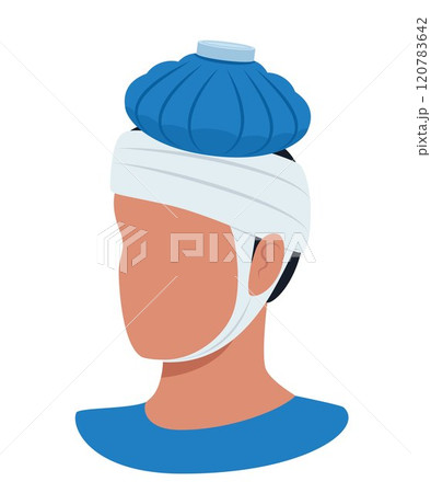 Man suffers from headache and applies ice pack to head. Head injury, trauma, first aid. Vector illustration. 120783642