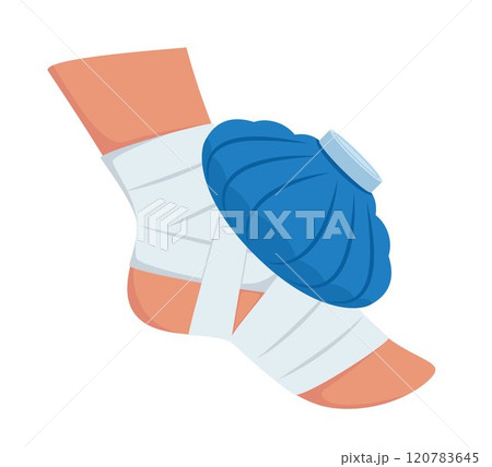 Foot with ice pack applied to injured area to reduce inflammation and alleviate pain. First aid. Vector illustration. 120783645