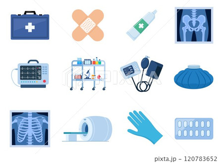 Health care and medical icon set. Hospital tools, drugs, equipment, furniture for treatment and diagnosis. Emergency, illness, ambulance, first aid. Vector. Health care and medical icon set. Hospital tools, drugs, equipment, furniture for treatment and diagnosis. Emergency, illness, ambulance, first aid. Vector. 120783652
