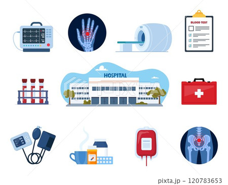 Health care and medical icon set. Hospital tools, drugs, equipment, furniture for treatment and diagnosis. Emergency, illness, ambulance, first aid. Vector. Health care and medical icon set. Hospital tools, drugs, equipment, furniture for treatment and diagnosis. Emergency, illness, ambulance, first aid. Vector. 120783653