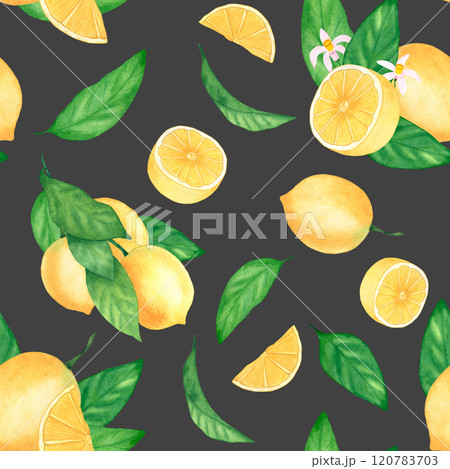 Bright watercolor seamless pattern with lemons and foliage on a dark background. Bright watercolor seamless pattern with lemons and foliage on a dark background. 120783703