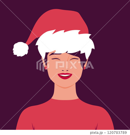 Happy smiling woman wearing Santa hat. Portrait of female in Santa Claus hat. Vector illustration 120783789