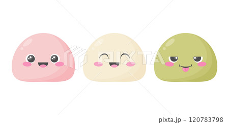 Cute funny mochi rice cake character set. Japanese sweet rice cake cartoon dessert. Vector illustration 120783798