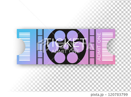 Modern movie or cinema ticket design decorated with film reel and filmstrip. Front view with barcode. Cinema ticket template. Vector illustration 120783799