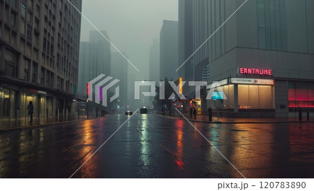 cinematic street view of a fog in the morning city 120783890