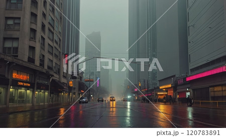 cinematic street view of a fog in the morning city 120783891