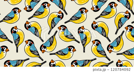 Vector seamless pattern with colorful cute titmouses on light beige background Vector seamless pattern with colorful cute titmouses on light beige background 120784092