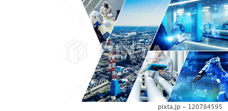 様々な産業イメージのコラージュ　バナー・広告向け横長ビジュアル 120784595