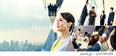 様々なビジネスイメージのコラージュ バナー・広告向け横長ビジュアル 様々なビジネスイメージのコラージュ バナー・広告向け横長ビジュアル 120784599