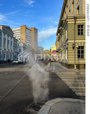 Moscow, Russia - December 2, 2022: View of Bakhrushina street with condensation steam. High quality photo 120784802