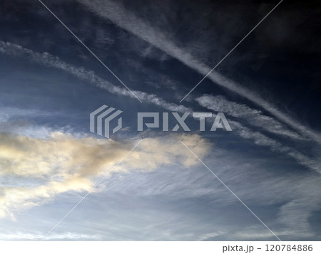 Blue Skys With Aeroplane condensation trails Contails in White Smoke for Background Blue Skys With Aeroplane condensation trails Contails in White Smoke for Background 120784886