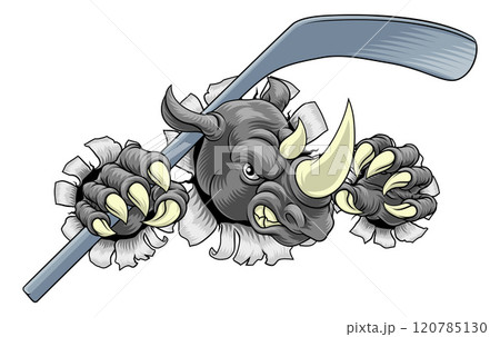 Rhino Rhinoceros Ice Hockey Cartoon Sports Mascot Rhino Rhinoceros Ice Hockey Cartoon Sports Mascot 120785130