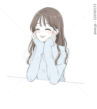 頬杖をついてニコニコしている女性イラスト 120785173