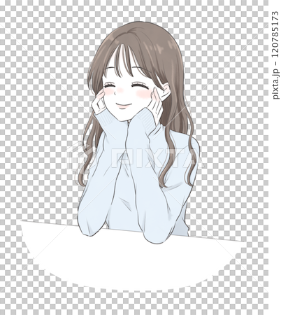 頬杖をついてニコニコしている女性イラスト 120785173