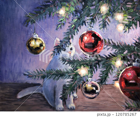 White cat admires Christmas tree with shining glass baubles. New Year hand drawn oil painting. Fine art, masterpiece. Oil on canvas original picture. White cat admires Christmas tree with shining glass baubles. New Year hand drawn oil painting. Fine art, masterpiece. Oil on canvas original picture. 120785267