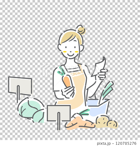 A woman shopping for groceries at a supermarket. Simple and stylish line drawing illustration 120785276
