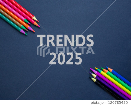 Planning trends 2025 new year symbol. Concept words Trends 2025 on beautiful black paper. Beautiful black paper background. Beautiful colored pencils Business trends 2025 new year concept. Copy space. 120785430