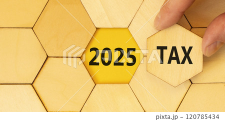 Planning 2025 tax new year symbol. Concept words 2025 Tax on beautiful wooden puzzle. Beautiful wooden background. Businessman hand. Business 2025 tax new year concept. Copy space. Planning 2025 tax new year symbol. Concept words 2025 Tax on beautiful wooden puzzle. Beautiful wooden background. Businessman hand. Business 2025 tax new year concept. Copy space. 120785434
