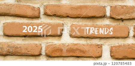 Planning 2025 trends new year symbol. Concept words 2025 Trends on beautiful brown brick wall. Beautiful brown brick wall background. Business 2025 trends new year concept. Copy space. Planning 2025 trends new year symbol. Concept words 2025 Trends on beautiful brown brick wall. Beautiful brown brick wall background. Business 2025 trends new year concept. Copy space. 120785483