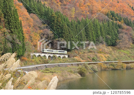 只見線「山間部の紅葉と細越拱橋を走る列車」 120785596