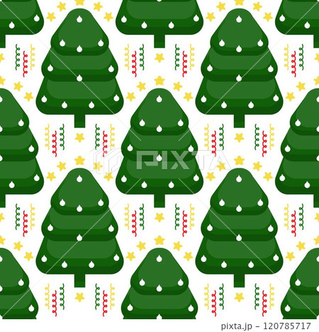 a pattern with Christmas trees, garlands and balls on a white background.  120785717