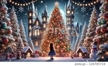 Enchanting Christmas Scene with Girl, Tree, and Magical Castle 120785718