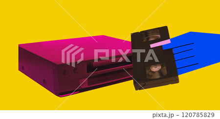 Contemporary art collage. Vintage VHS player and drawn in vibrant color scheme hand holding tape, capturing essence of Y2K design. 120785829