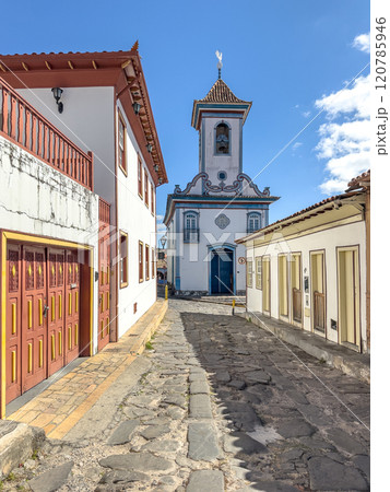 Cobblestone Street Leading to Historic Church Facade Cobblestone Street Leading to Historic Church Facade 120785946