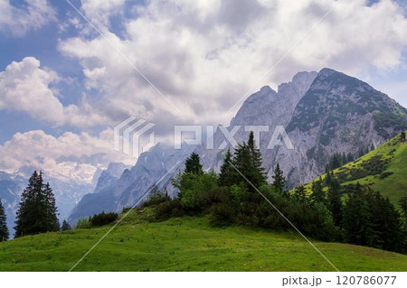 Donnerkogel Mountain in Alps, Gosau, Gmunden district, Upper Austria federal state, cloudy summer day 120786077